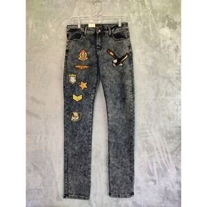 Rebel Love Womens Acid Wash Patchwork Skinny Jeans‎ Grey Military Eagle Sz 11/12